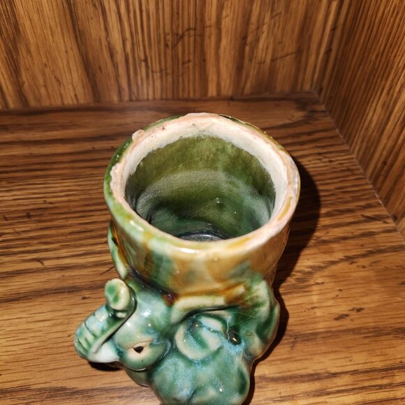 Vintage Green Ceramic Elephant Vase with Unique Trunk Design & Glossy Finish - Picture 3 of 11